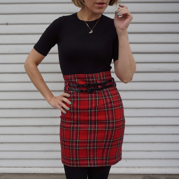 BETSEY JOHNSON Red Plaid Belted Pencil Skirt - Picture 3 of 8